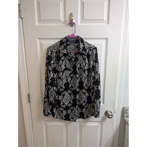 Jones New York Signature Black & White Damask Print Button Down Top - Size M